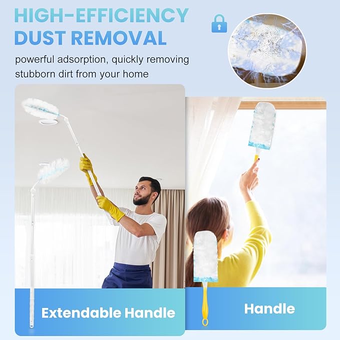 Duster Refills Compatible with Swiffer Duster, 60 Count Heavy Duty Duster Refills with 1 Short Handle + 1 Extenda Handle, Multisurface 360° Dusters with 4X Microfibers, Unscented Dusters for Cleaning