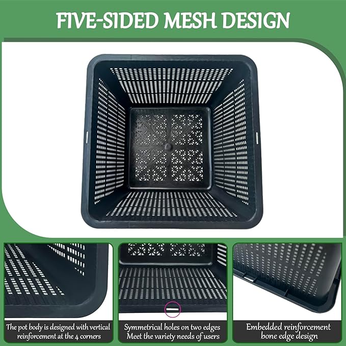 HG9SQBK 9-Inch Square Aquatic Plant Baskets, Plastic Pond Planting Containers, Black Plastic Mesh Basket for Live Aquarium Botany,Pond Plant Baskets| Pack of 8