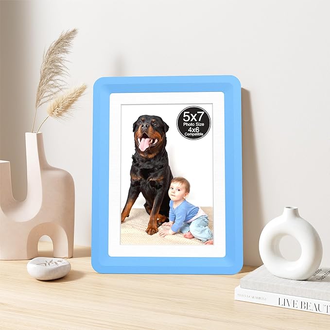 2-Pack 5x7 Picture Frame or 4x6 with Mat – Shatterproof Plastic Photo Frame for Family, Nursery, and Playroom, Wall & Tabletop Picture Frames for Home, Office, Safe & Lightweight Design in Sky Blue