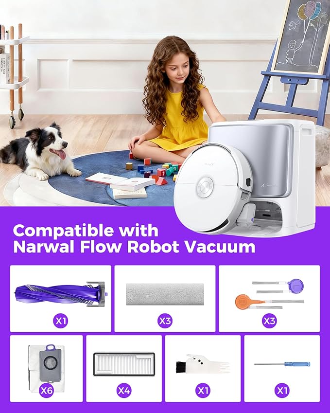 Yivy 22pcs Accessory Kit for Narwal Flow Robot Vacuum Cleaner, Replacement Set Compatible with Narwal Flow: 3 Track Mop Pads,1 Main Brush, 8 Side Brushes, 4 HEPA Filters, 6 Dust Bags,1 Cleaning Brush