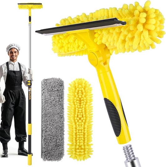 150'' Long Reach Window Squeegee with Telescoping Extension Pole, 2-in-1 Indoor/Outdoor Cleaning Tool with 270° Rotatable Head, Lightweight Alloy Aluminum Pole for Shower Door, Mirror, Car Windshield