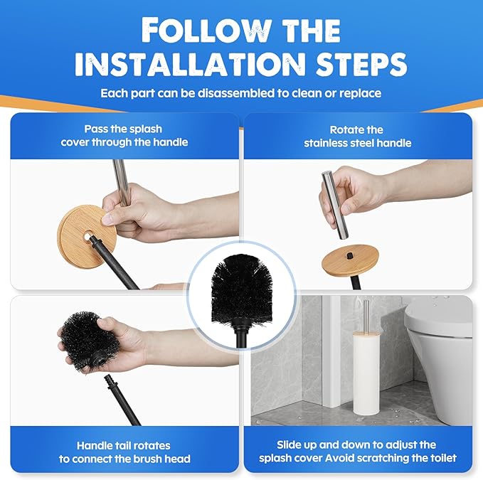 ODJSY Compact Toilet Brush and Holder 2 Pack,SetStainless Steel Handle Toilet Brush,Deep Cleaning,Durable Nylon bristles,Splash-Proof Design(White&Black)