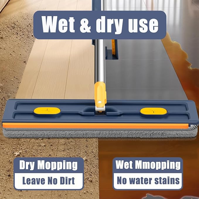 Large Flat Mop with Folding Bucket – Self-Wringing Floor Mop Set with 54" Stainless Steel Handle, 6 Reusable Microfiber Pads, 360° Swivel Head for Home Cleaning on Tile, Wood, Laminate (A-Blue)