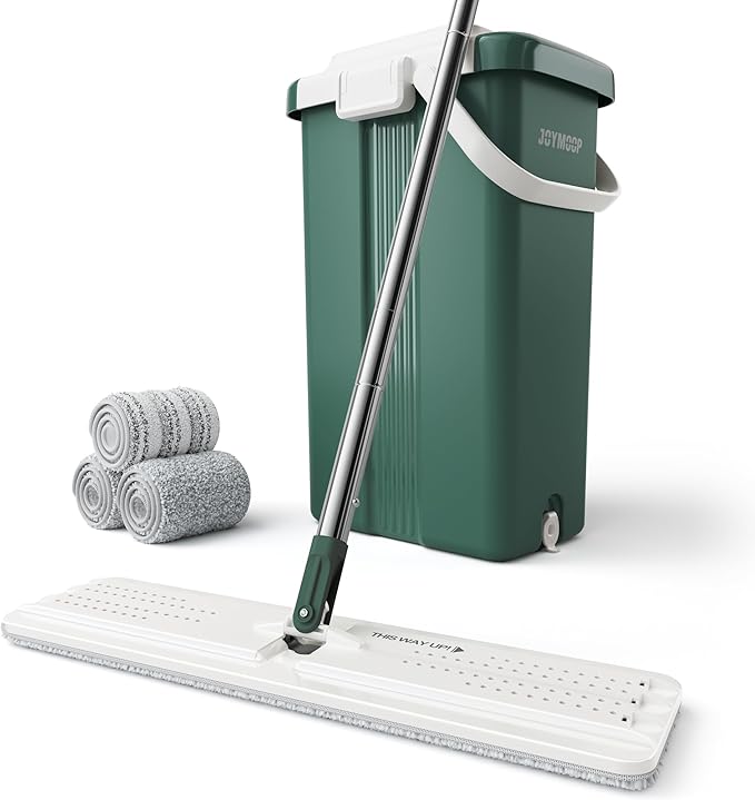 JOYMOOP Commercial Mop and Bucket Set, 17.7-inch Dust Mops for Floor Cleaning, Flat Mop Bucket with Wringer, Include 3 Reusable Microfiber Mop Pads - Forest Green