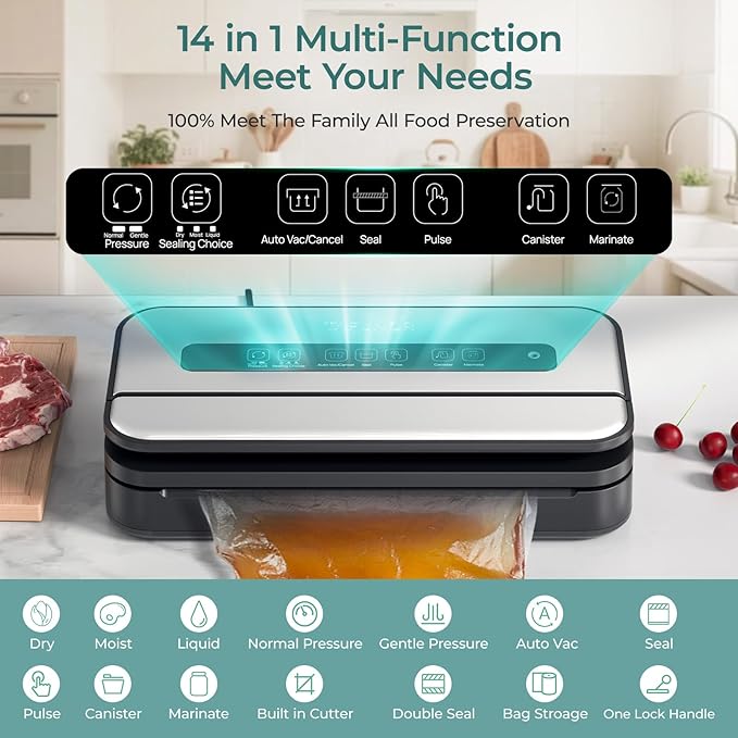 Vacuum Sealer, 90Kpa Food Vacuum Sealer Machine Built-in Cutter & Bag Storage, Food Preservation Dry/Moist/Liquid Mode, Handle Locked Design