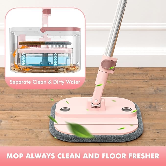 KZKR Square Spin Mop and Bucket Set with Self Separation Dirty and Clean Water System,Self Wringing 360° Rotating Mops Head for Home Floors Cleaning (2.0 mop Bucket Set with 6 Pads)