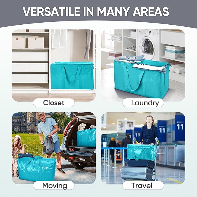 TICONN 8 Pack Extra Large Moving Bags with Zippers & Carrying Handles, Heavy-Duty Storage Tote Moving Boxes for Space Saving (8 Pack, Aqua)