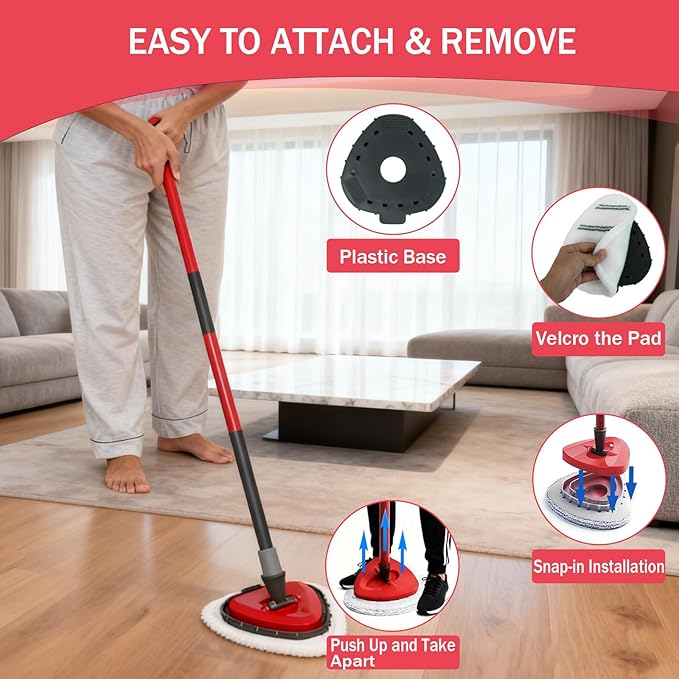 Triangule Flat Mop Replacement Pads, Spin Mop Pad Replacement, 6 Pack Mop Refill Pads, 1 Mop Base and 1 Scraper for Cleaning Floor, Wall, Ceiling, Easy to Replace