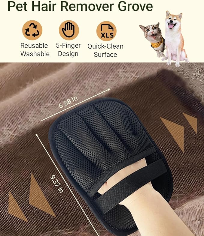 FeiFanYiGou Reusable Pet Hair Remover Glove for Couch & Bedding - 5-Finger Versatile Fabric - Safe Fur Remover Mitt, Black - Professional Cat & Dog Hair Scraper for Carpeted Stairs, Clothes,Car Seats