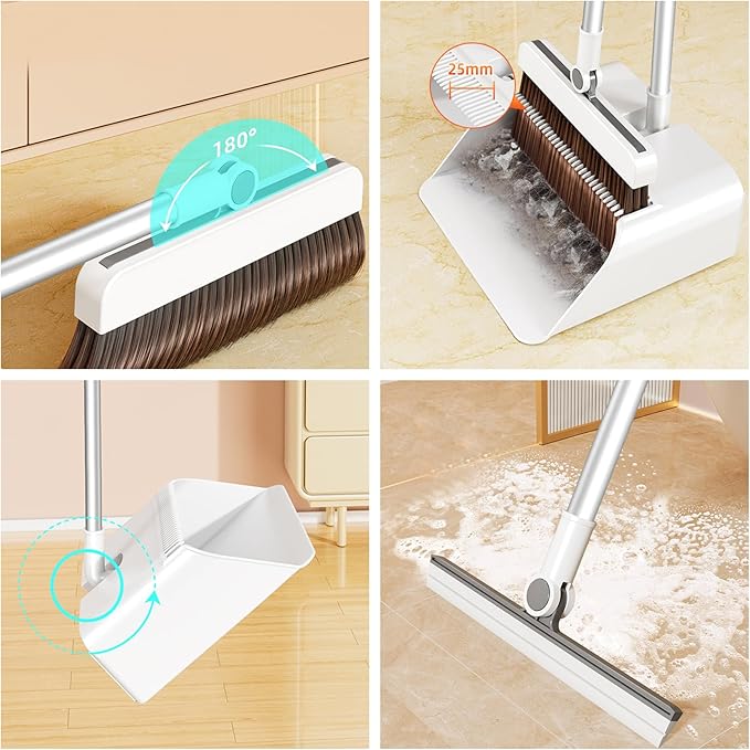 3-in-1 Magnetic Broom and Dustpan Set, Self-Cleaning Broom with Dustpan Combo Set,180° Rotatable Silicone Broom, Upright Standing Dustpan for Home, Kitchen, Office, Hall Floor