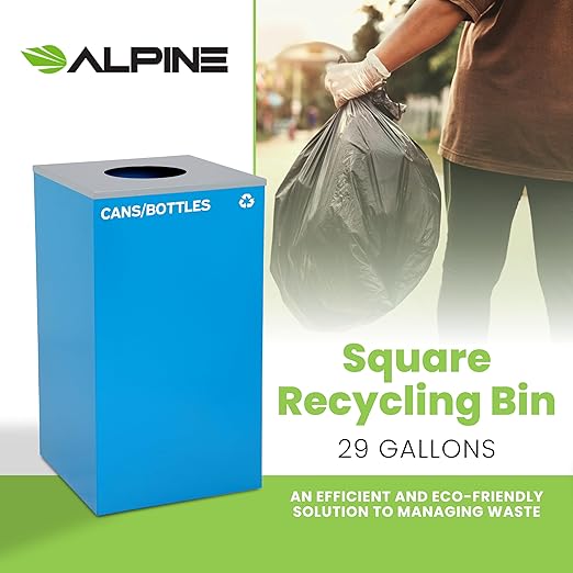 Alpine Industries Circle Lid 29 Gallon Sturdy Steel Cube Recycling Container, Square Opening - 3 Color Cans Available Sold Separately (Lid Circle Opening)