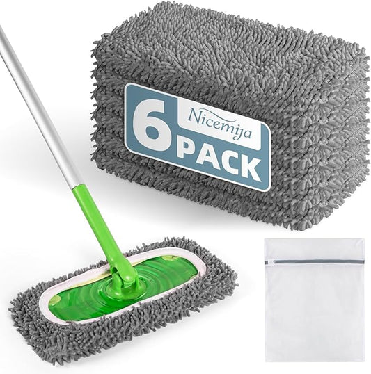 Nicemiya 6 Pack Reusable Mop Pads Compatible with Swiffer Sweeper, Washable Wet & Dry Mopping Sweeping Cloth for Multi-Surface Cleaning, Microfiber Chenille Pad Refills (Gray, Not Include MOP)