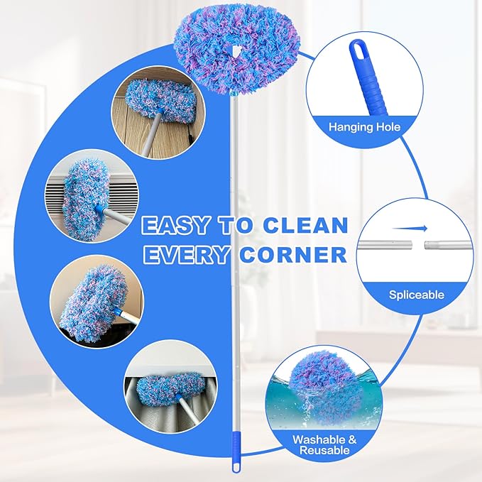 Heonay Ceiling Fan Cleaner Duster Reusable Microfiber Ceiling Fan Blade Cleaner Removable Duster with Extension Pole Adjusts 13 to 49.7 Inch for Cleaning Walls Furniture Door Window Top (Blue Pink)