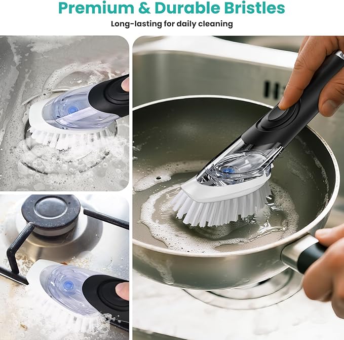 2 Pack Soap Dispensing Dish Brush, Dish Scrub Brush with Soap Dispenser, Dish Soap Brush for Dishes, Pans, Sink, Pots
