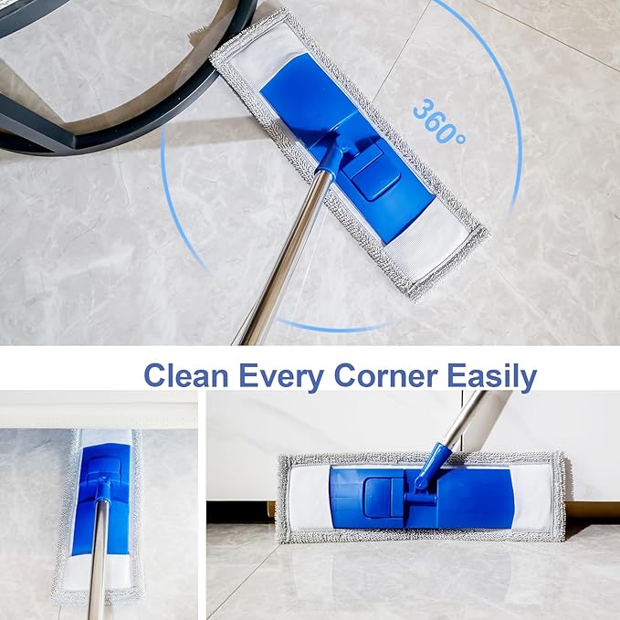 17" Microfiber Mop for Hardwood Floor Cleaning,Mops with 50" Stainless Steel Pole, 1 Reusable & Washable Mop Pad, Wet & Dry Use for Hardwood, Tile, Marble and Vinyl Floors