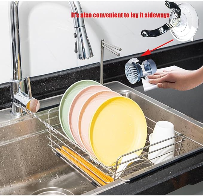 XNDGURE Soap Dispensing Palm Brush Holder Dish Brush Holder for Kitchen Brush Dish Brush With Soap Dispenser Pot Black Sink Stand Organizer (Open)