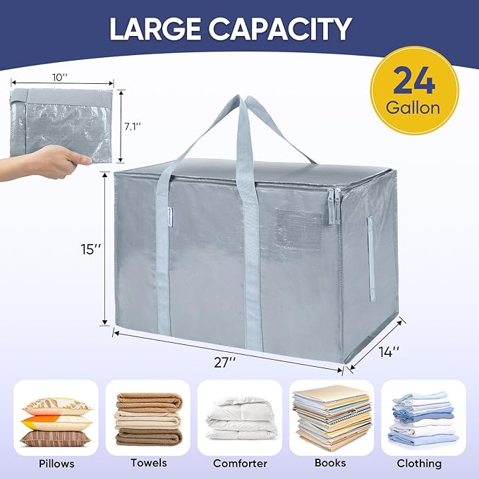 TICONN 6 Pack Extra Large Moving Bags with Zippers & Carrying Handles, Heavy-Duty Storage Tote Moving Boxes for Space Saving (6 Pack, Light Grey)