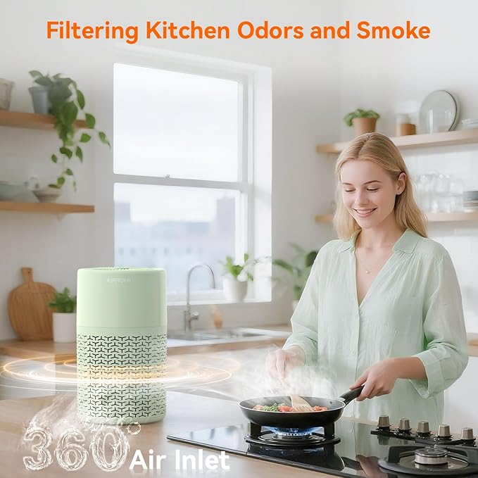 AIRROMI Pets Air Purifier for Home Allergies,Up to 660 ft².Yellow Deodorizing Activated Carbon Filter,With Fragrance Sponge for Better Sleep,Night Light,Pet Dander,Smoke,Odors,Air Cleaner A2002 Green