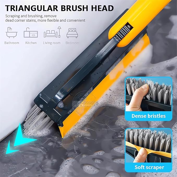 Cleaning Scrub Brush with Long Handle Heavy Duty - 2023 New Shower Powerful 2-in-1 Cleaning Tool with Soft Scraper Squeegee, V-Shaped Bristles Scrubber Deck Brush (Khaki)