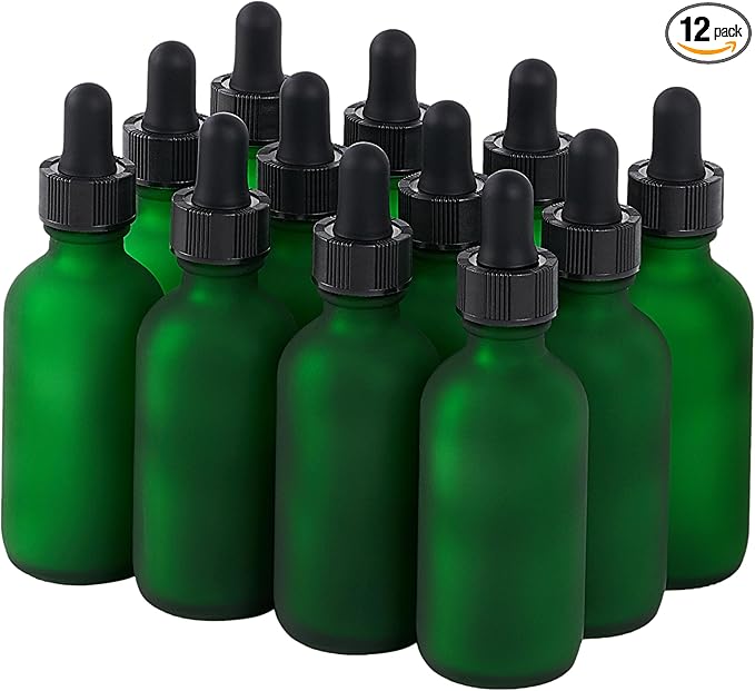 12 Pcs, 2oz Glass Dropper Bottle, Leakproof Tincture Bottles with Dropper, Green Reusable Eye Dropper Bottle, Preety Frosted Texture, for All Kinds of Liquids (Green-Frosted, 2oz-12pcs)