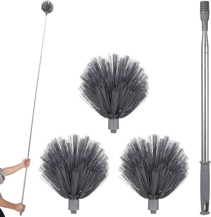 PRETYZOOM Extendable Cobweb Duster with Telescoping Pole and 3 Cleaning Heads Lightweight Spider Web Remover for High Ceilings and Outdoor Use Adjustable Length up to 94.5 Inches