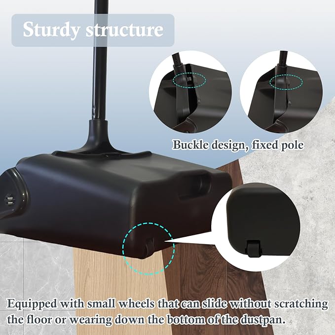 Primero Basics Pivoting Upright Dust Pan with Long Handle and Wheels, Large Capacity, Heavy Duty Commercial Dustpan for Indoor Outdoor, Standing Dust Pan for Home and Restaurant Cleaning, Black
