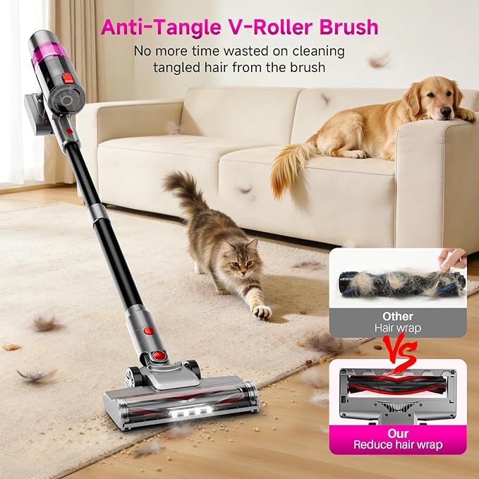 Clinkal Cordless Vacuum Cleaner: 40KPA Powerful Suction Cordless Stick Vacuum Cleaners for Home, Anti-Tangle Brush, Lightweight, 6-in-1 Rechargeable Vacuum for Pet Hair/Carpet/Hard Floor(Purple)