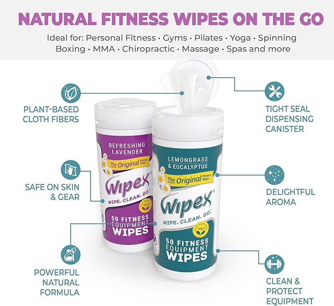 Wipex Fitness Equipment Wipes - Original Natural Plant Based Gym Wipes for Equipment, Clean Surfaces at Home or Gym, Use as a Yoga Mat Cleaner, Lemongrass, Eucalyptus & Vinegar, 50 Count (Pack of 1)
