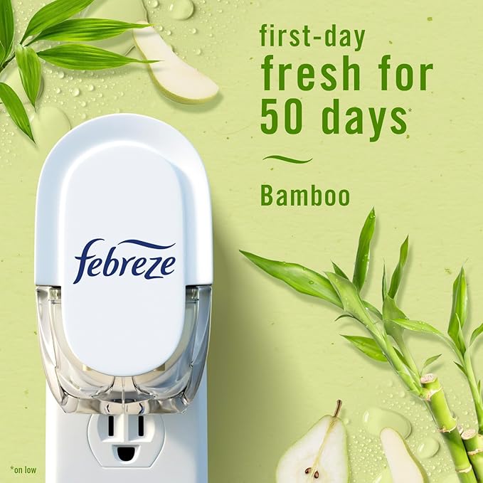 Febreze Plug In Air Freshener, Odor-Fighting Scented Oil Starter Kit, Air Fresheners for Home and Bathroom and Kitchen, Long Lasting for Strong Odors, Bamboo Scent, Warmer + 4 Refill