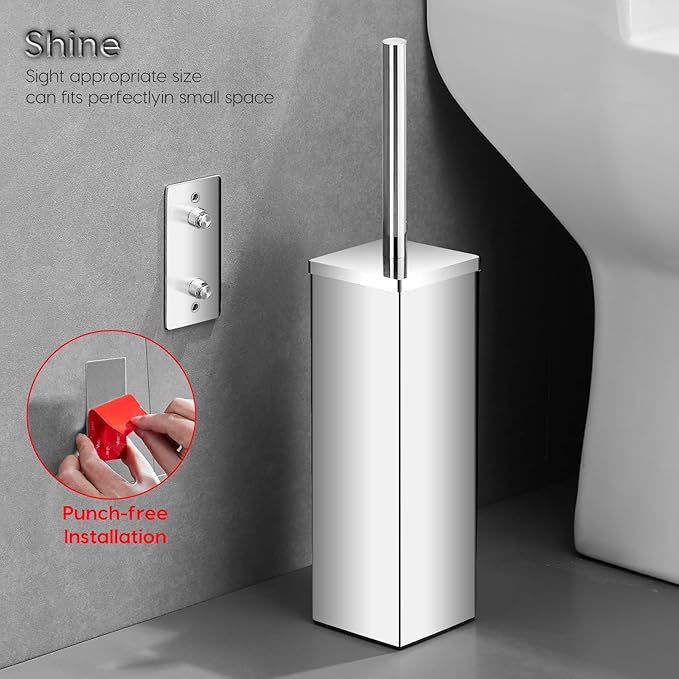 JOVYXIE Bright Silver Stainless Steel Square Toilet Brush with Metal Lid Dual-Use Toilet Brush Holder with Drilled + Drill-Free Hook Base Includes Removable Inner Bucket (Bright Silver)