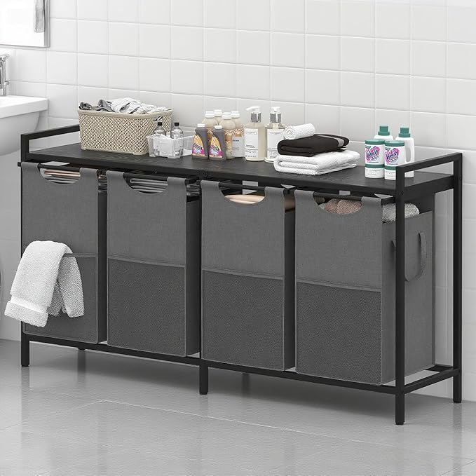 Heybly Laundry Hampers, 3 × 12.5 Gal Laundry Basket with Large Desktop Sorter for Laundry Room organization, Bathroom and Dorm Laundry Bags on Storage Shelf, Black and Gray HLH004BG