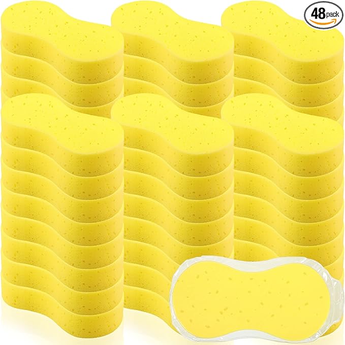 Vesici 48 Pack Car Wash Sponges Large Sponges Bulk Big All-Purpose Scrubber Thick Foam Car Cleaning Supplies for Washing Boat Kitchen Household with Single Vacuum Compressed Packing (Bright Yellow)
