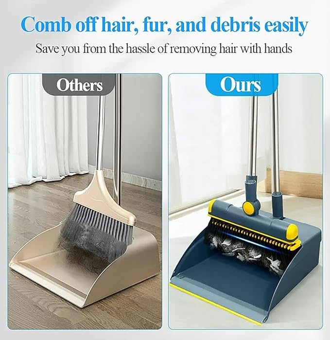 Broom and Dustpan Set 50" Long Handle Foldable Stand Up Broom and Dustpan with Comb Teeth for Indoor & Outdoor Sweeping Home Dog Cat Pets (Blue)