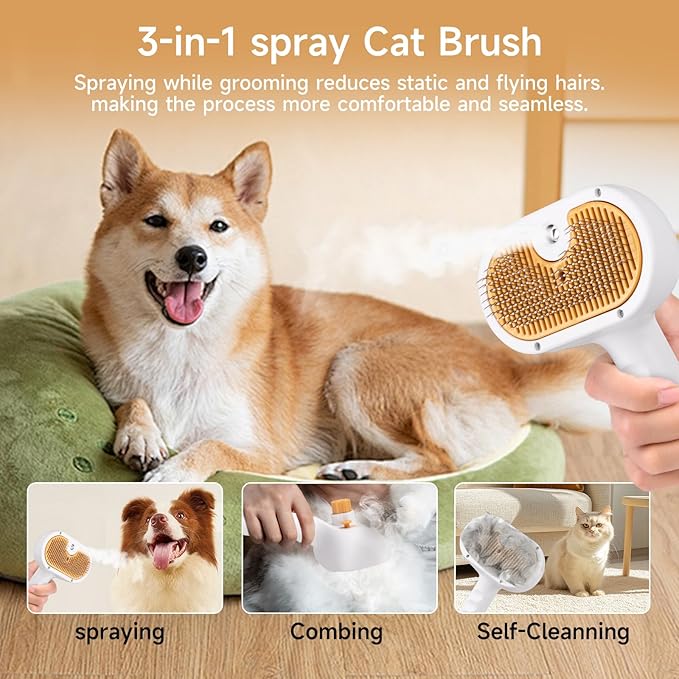 VVWVVW Pet Steam Brush for Dog & Cat – 3-in-1 Spray Hair Removal Comb – Steam for Shedding & Grooming – Water Brush for Long & Short Haired Pets – Spritz Defur Comb