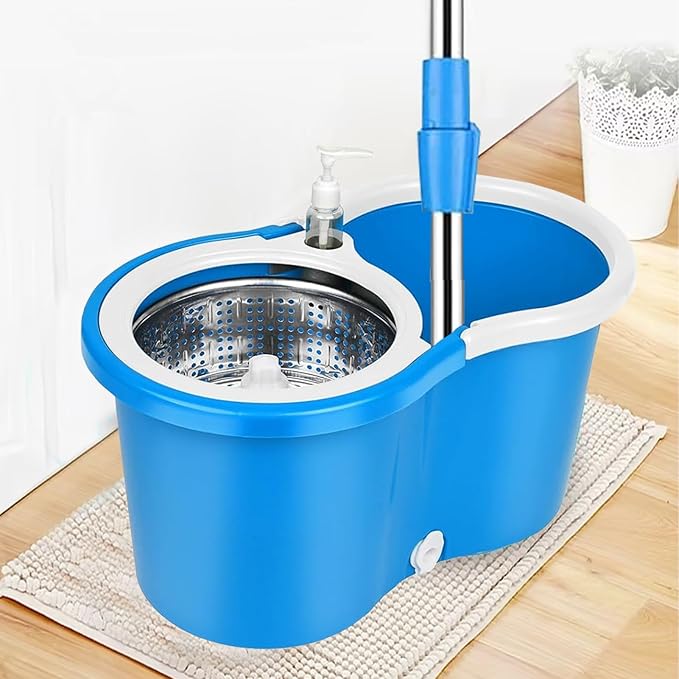 Spin Mop and Bucket with Wringer Set, 360° Mop and Bucket Set for Floor Cleaning, Stainless Steel 61" Adjustable Extended Handle with 3 Microfiber Mop Refills, Blue
