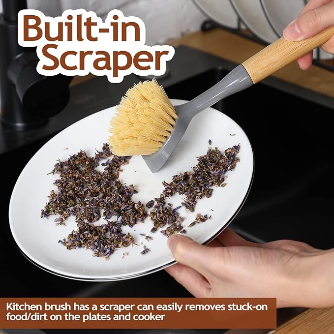 Mimorou 8 Pieces Kitchen Dish Brush with Bamboo Handle Scrub Brush Built in Scraper Dish Scrubber for Pans, Kitchen Sink Cleaning, Dishwashing