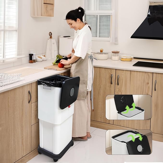 Gintan 13 Gallon Trash Can with Lid, 25-45 L Altitude Variable Bin, Garbage Can with Wheels for Kitchen, Bathroom, Bedroom, Office, Two Space-Saving Small Waste Bin and Garbage Bag