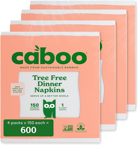 Caboo Tree Free Dinner Napkins - 4 Packs of 150, 600 Total Paper Napkins, Sustainable and Disposable White Napkin