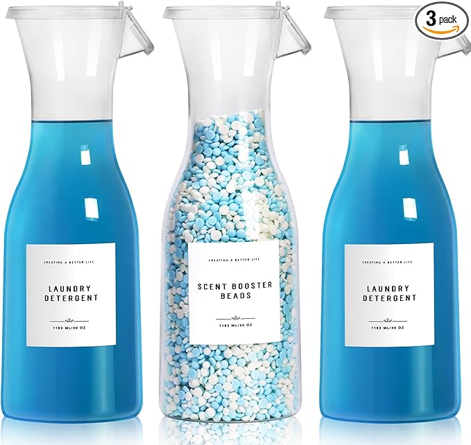 Laundry Detergent Dispenser Bottle 40oz with Waterproof Label for Laundry Detergent Soap Fabric Softener Bleach Scent Booster Beads, Sturdy PET Bottle for Laundry Room Decor 3 Pack