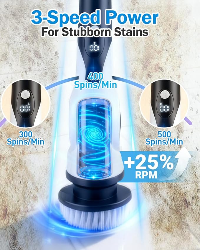 Electric Spin Scrubber, 3-Speed Cordless Shower Scrubber with Long Handle & 10 Replaceable Brush Heads, 90 Mins Runtime & Full-Body IPX7 Waterproof Shower Cleaner Brush for Bathroom Kithchen