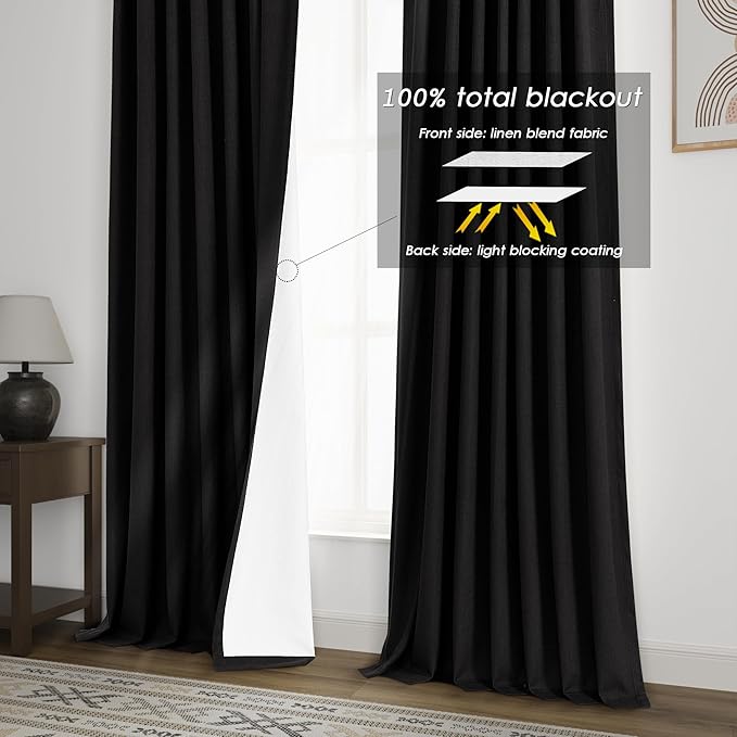 100% Blackout Linen Curtains 100 Inches Long 2 Panels for Bedroom Back Tab Pinch Pleated Black Out Curtain Modern Urban Noise Cancelling Total Light Blocking Window Drapes 100 Inch Length,Black