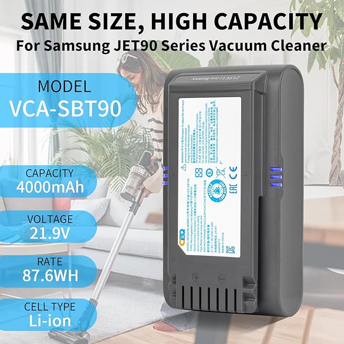 CBQ 4000mAh 21.9V VCA-SBT90 Battery Replacement for Samsung Jet90 90+ Jet75/Jet75 pet VS9000 Cordless Stick Vacuum Cleaners, Compatible with Jet75 Jet90 VS20T7512N7,VS20R9074S2 Vacuum