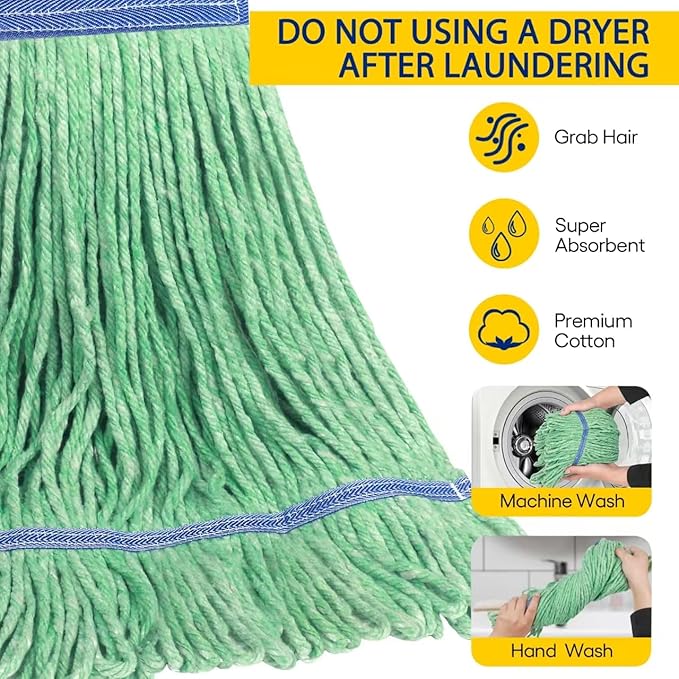 Matthew Cleaning Heavy Duty Mop Head Commercial Replacement for General and Floor Cleaning, Wet Industrial Blue Cotton Looped End String Head Refill (Pack of 6) Green