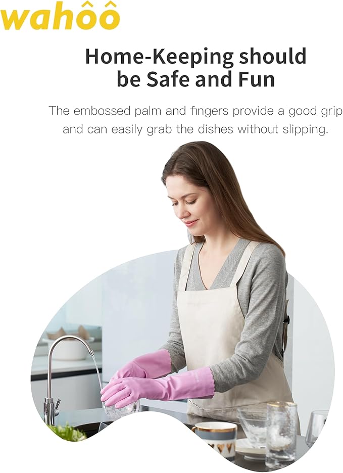wahoo Skin-Friendly Cleaning Gloves, Reusable Dishwashing Gloves with Flocked Cotton Liner, Dishwashing, Kitchen, Mauve Mist, Large