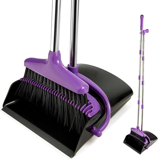 XXFLOWER Broom and Dustpan Set with Long Handle, Light Weight Stainless Steel Poles Stand Upright Dustpans with Broom Combo for Home Kitchen Office Pet Dog Hair, 1-Pack (Purple)