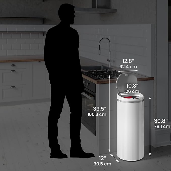 iTouchless 50 Liter / 13 Gallon Sensor Kitchen Trash Can with Odor Filter – Slim Round White Stainless Steel Automatic Garbage Recycling Bin for Home, Office, Business, Garage
