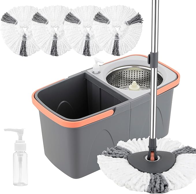 HOLJUS Spin Mop and Detachable Bucket Set with 5 Reusable Microfiber mop Head Dual-Chamber Water System Spining Mop Floor Cleaning Kit for Hardwood Tile Laminate Floors (Gray)