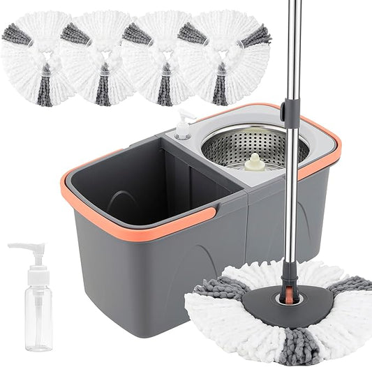 HOLJUS Spin Mop and Detachable Bucket Set with 5 Reusable Microfiber mop Head Dual-Chamber Water System Spining Mop Floor Cleaning Kit for Hardwood Tile Laminate Floors (Gray)