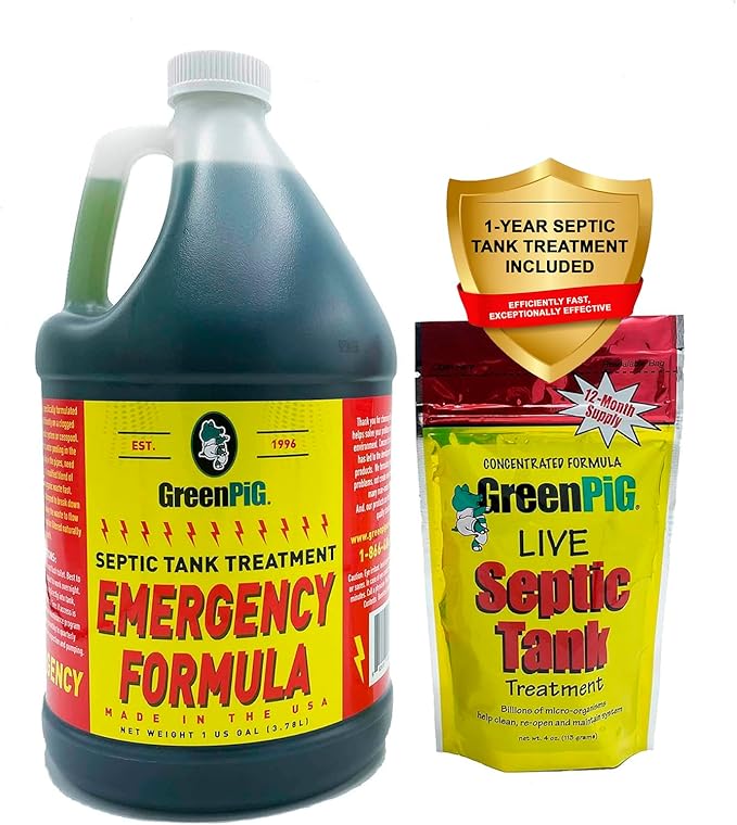 GREEN PIG Drain Field Cleaner, Septic Safe Drain Clog Remover, Treatment for Quickly Clearing Leach Field System Clogs, Back-Ups, and Foul Odors in Septic Tank Systems, Emergency Formula, 1 Gallon