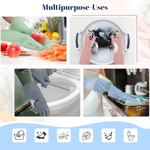 Rubber Kitchen Dishwashing Gloves - 4 Pairs Reusable Household Cleaning Gloves, Flexible and Durable & Non-slip Cleaning Gloves, Great for Kitchen, Bathroom, Laundry (Pink+Green+Blue+Grey)